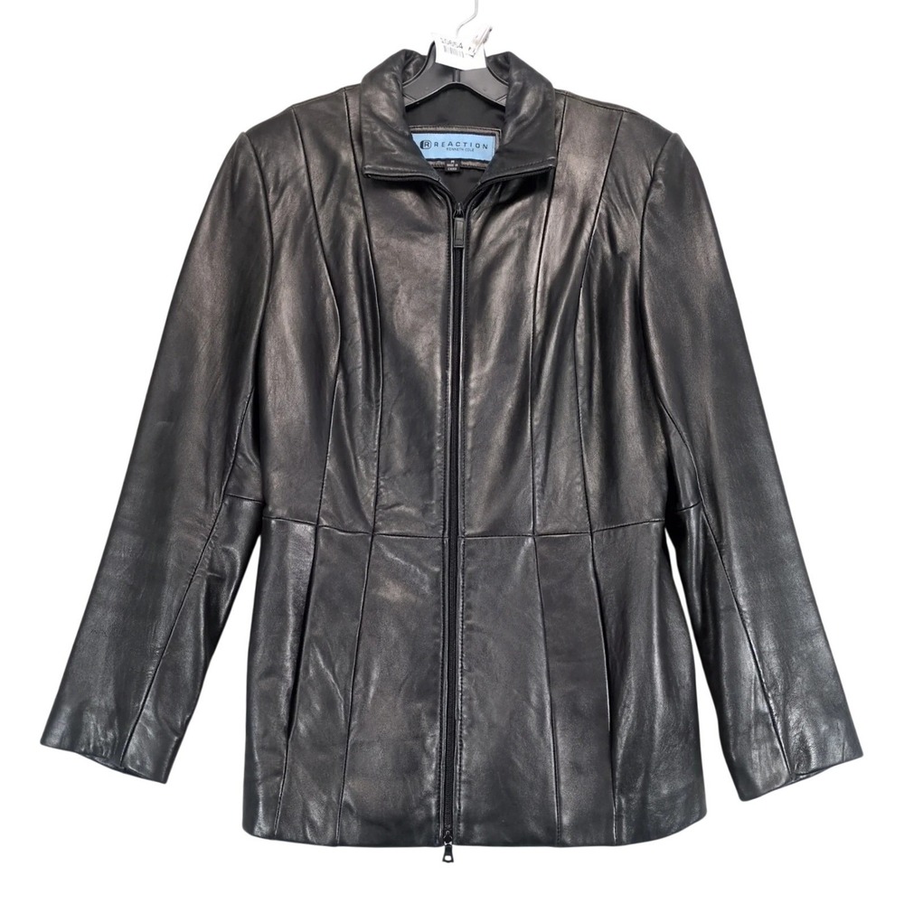 Kenneth Cole Reaction Black Soft Leather Jacket Womens M Full Zip‎ Classic Urban